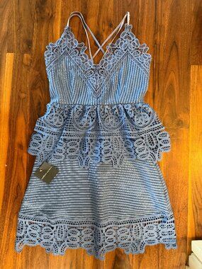 Goodnight Macaroon Blue Crochet Lace Peplum Mini Dress NWT Size S